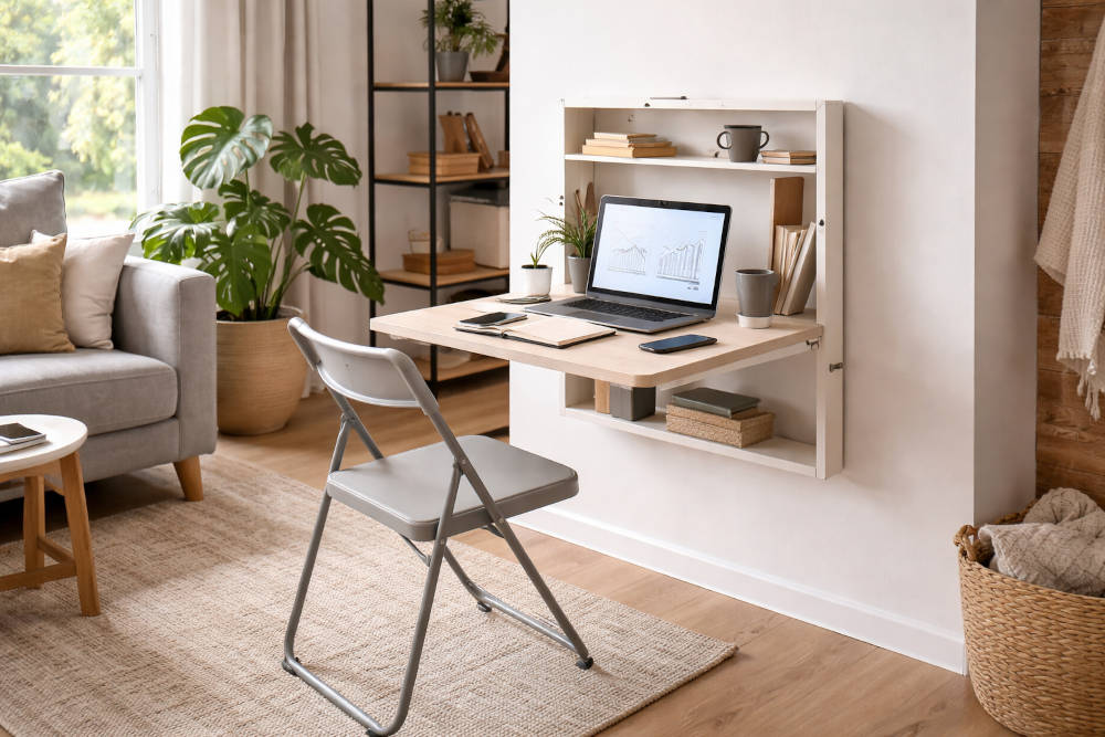 Inklapbaar bureau als vaste werkplek zonder vaste ruimte